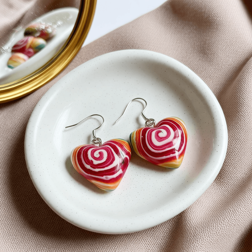 Polymer Clay Love Heart Earrings – Red Swirl