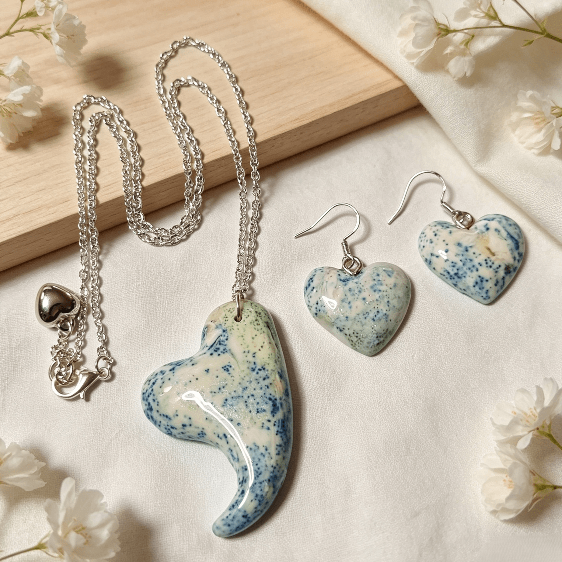 Polymer Clay Love Heart Necklace & Earrings Set – Arctic Heart