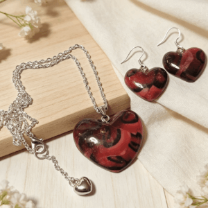 Polymer Clay Love Heart Necklace & Earrings Set – Crimson Eclipse