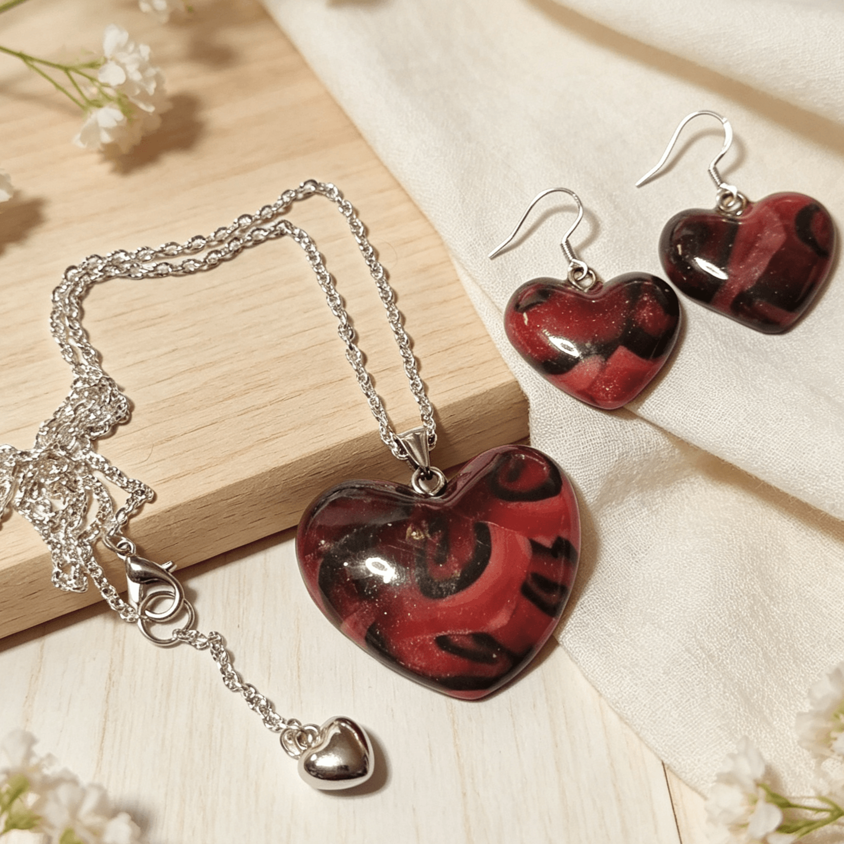 Polymer Clay Love Heart Necklace & Earrings Set – Crimson Eclipse