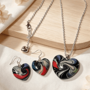 Polymer Clay Love Heart Necklace & Earrings Set – Inferno Swirl