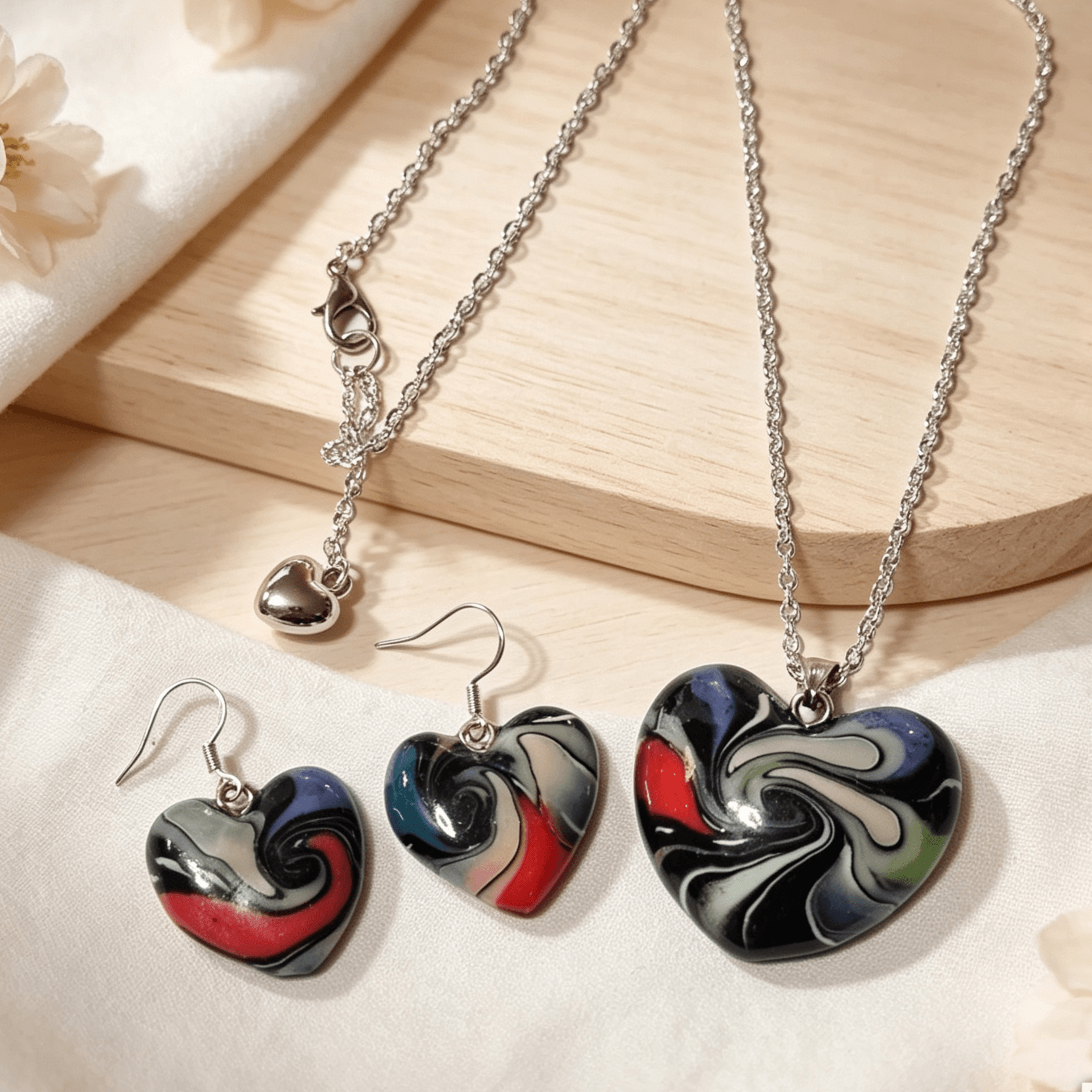 Polymer Clay Love Heart Necklace & Earrings Set – Inferno Swirl