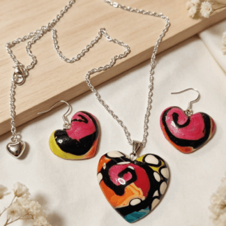 Polymer Clay Love Heart Necklace & Earrings Set – Rainbow Splash