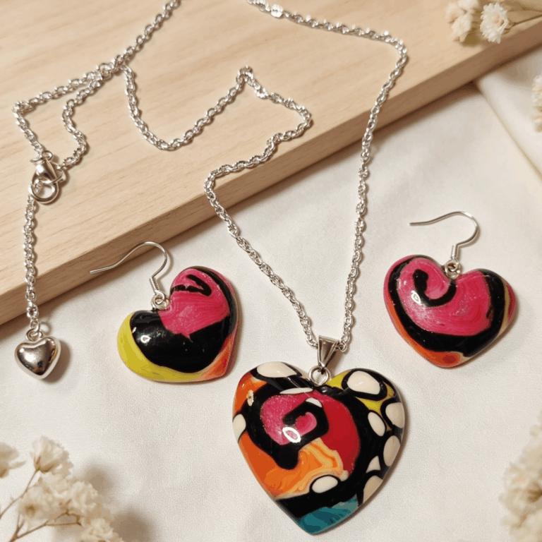 Polymer Clay Love Heart Necklace & Earrings Set - Rainbow Splash