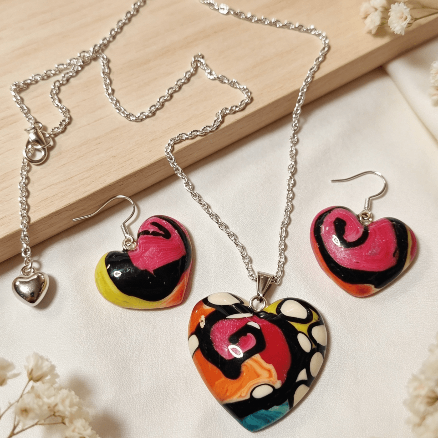 Polymer Clay Love Heart Necklace & Earrings Set – Rainbow Splash