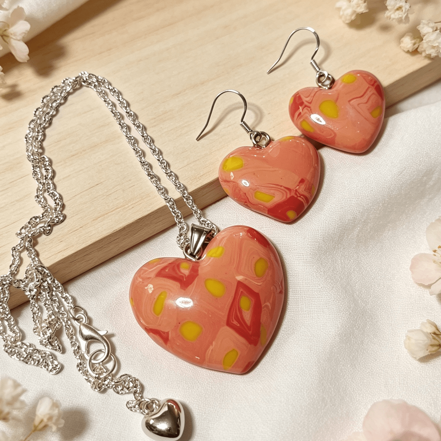Polymer Clay Love Heart Necklace & Earrings Set – Summer Orchard