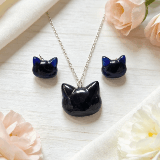 Resin Cat Necklace & Earrings Set Deep Blue