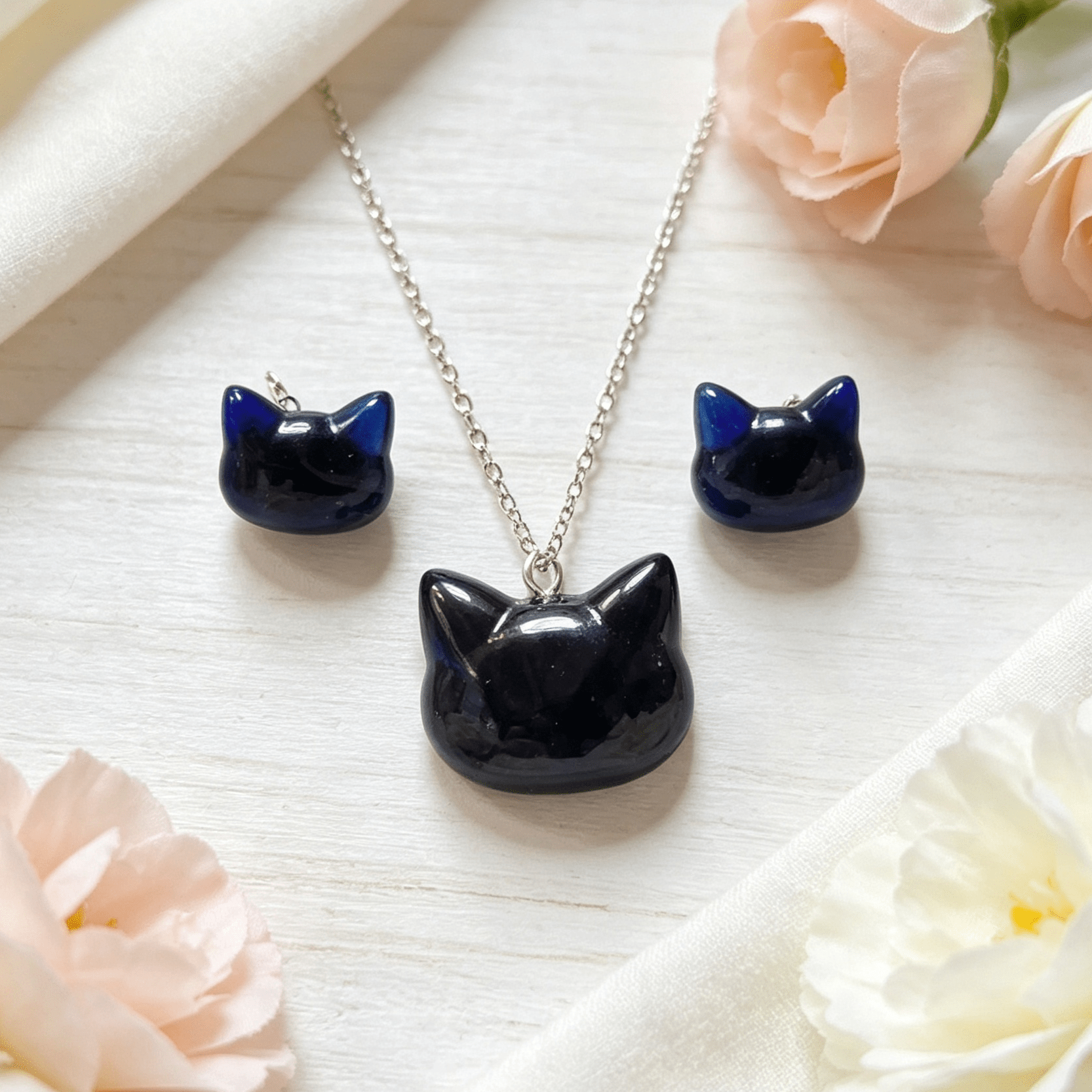 Resin Cat Necklace & Earrings Set Deep Blue