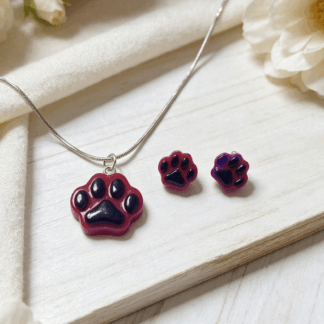 Resin Paw Print Necklace & Earrings Set – Blue/Purple and pink