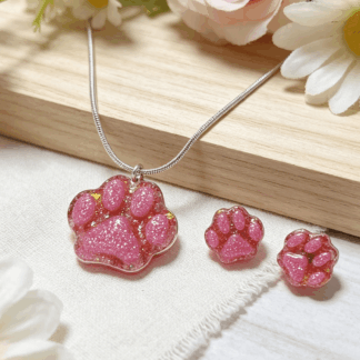 Resin Paw Print Necklace & Earrings Set – Pink Glitter