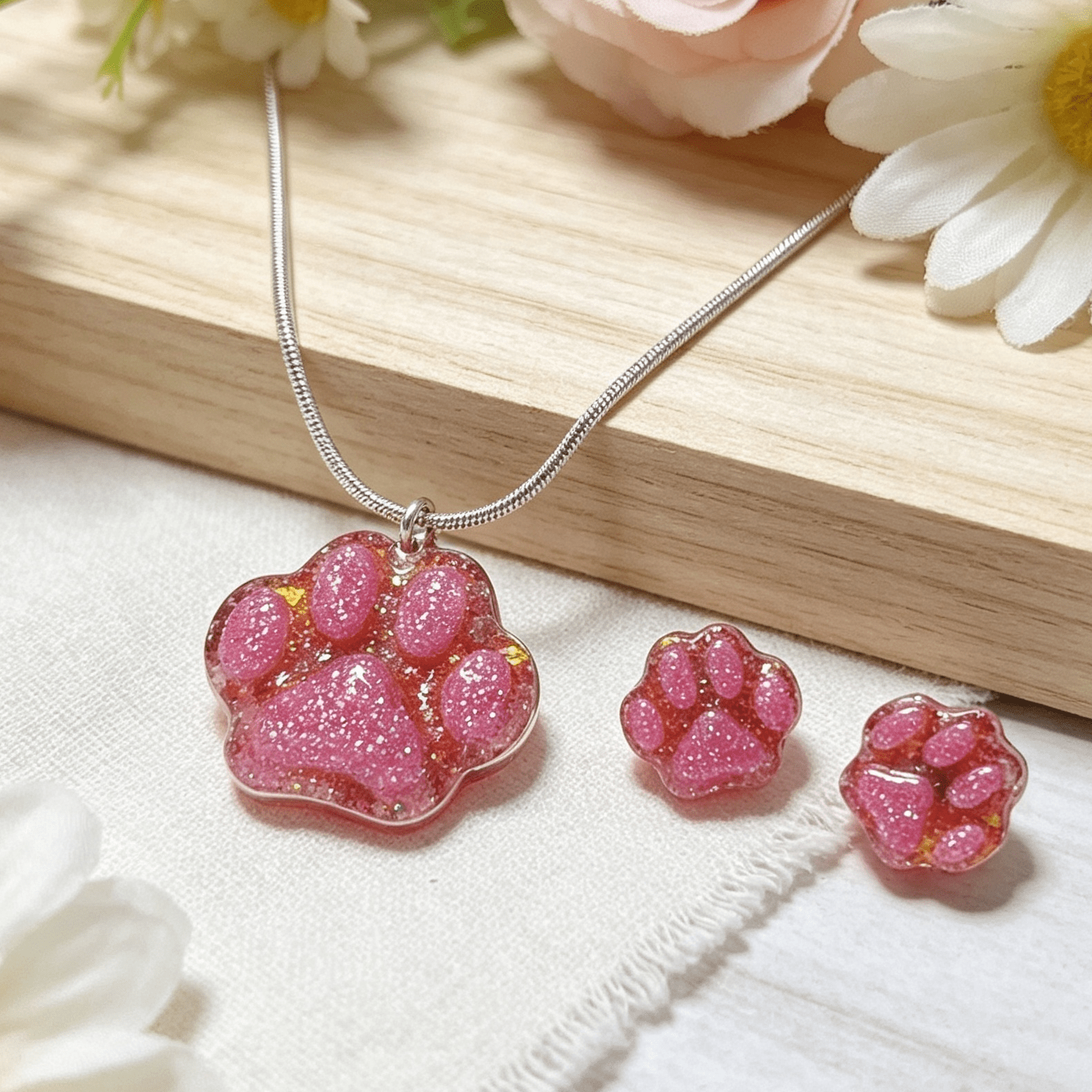 Resin Paw Print Necklace & Earrings Set – Pink Glitter