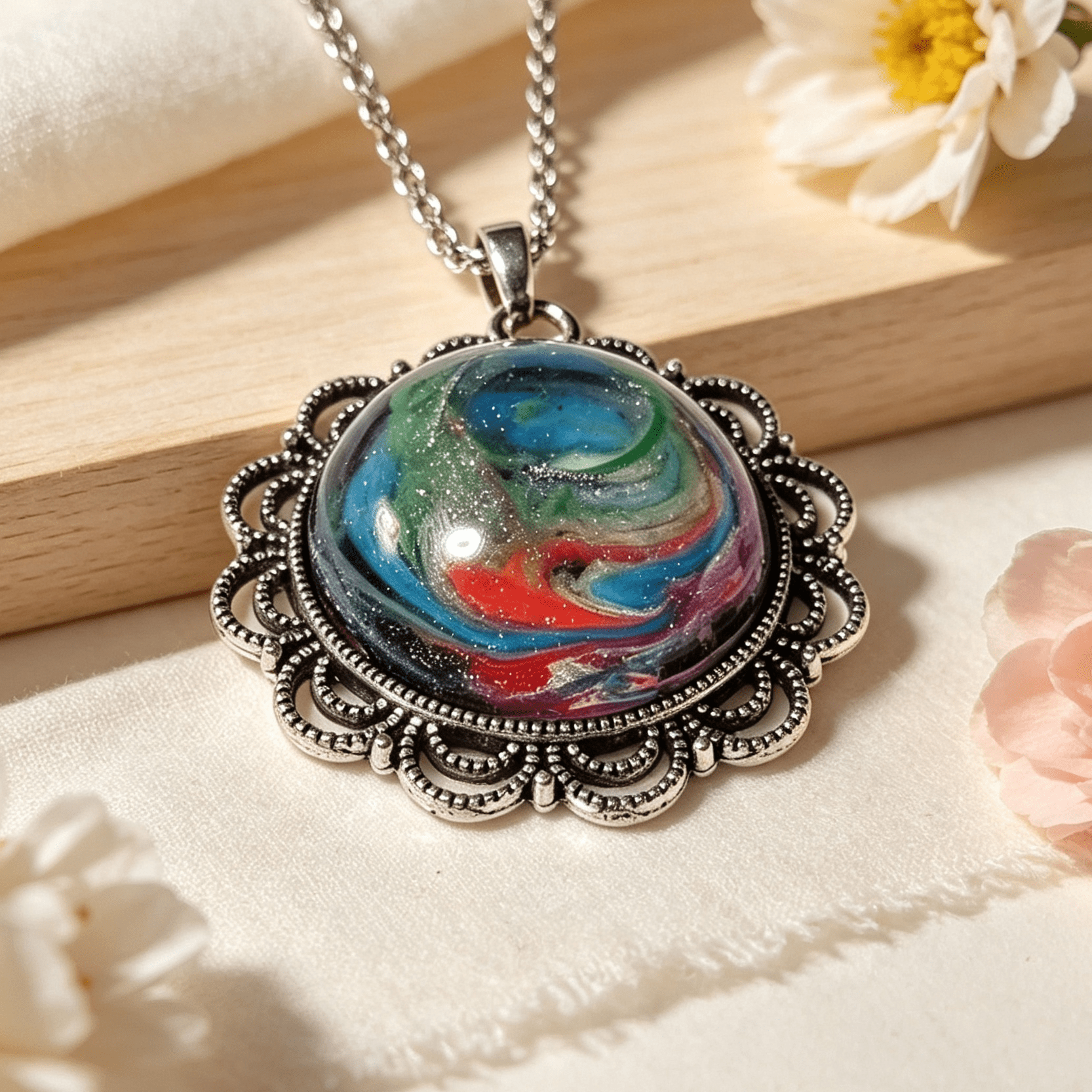 Silver Resin Pendant – Colour Swirl