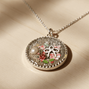 Silver Resin Pendant – Pink Floral Bow