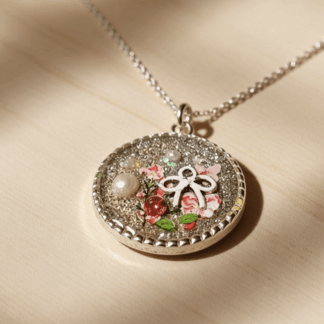 Silver Resin Pendant – Pink Floral Bow
