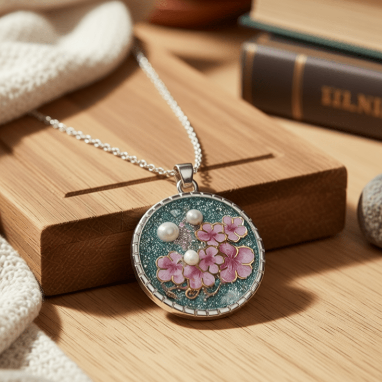 Silver Resin Pendant – Pink Floral with Pearls