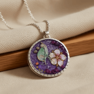 Silver Resin Pendant – Purple Flower