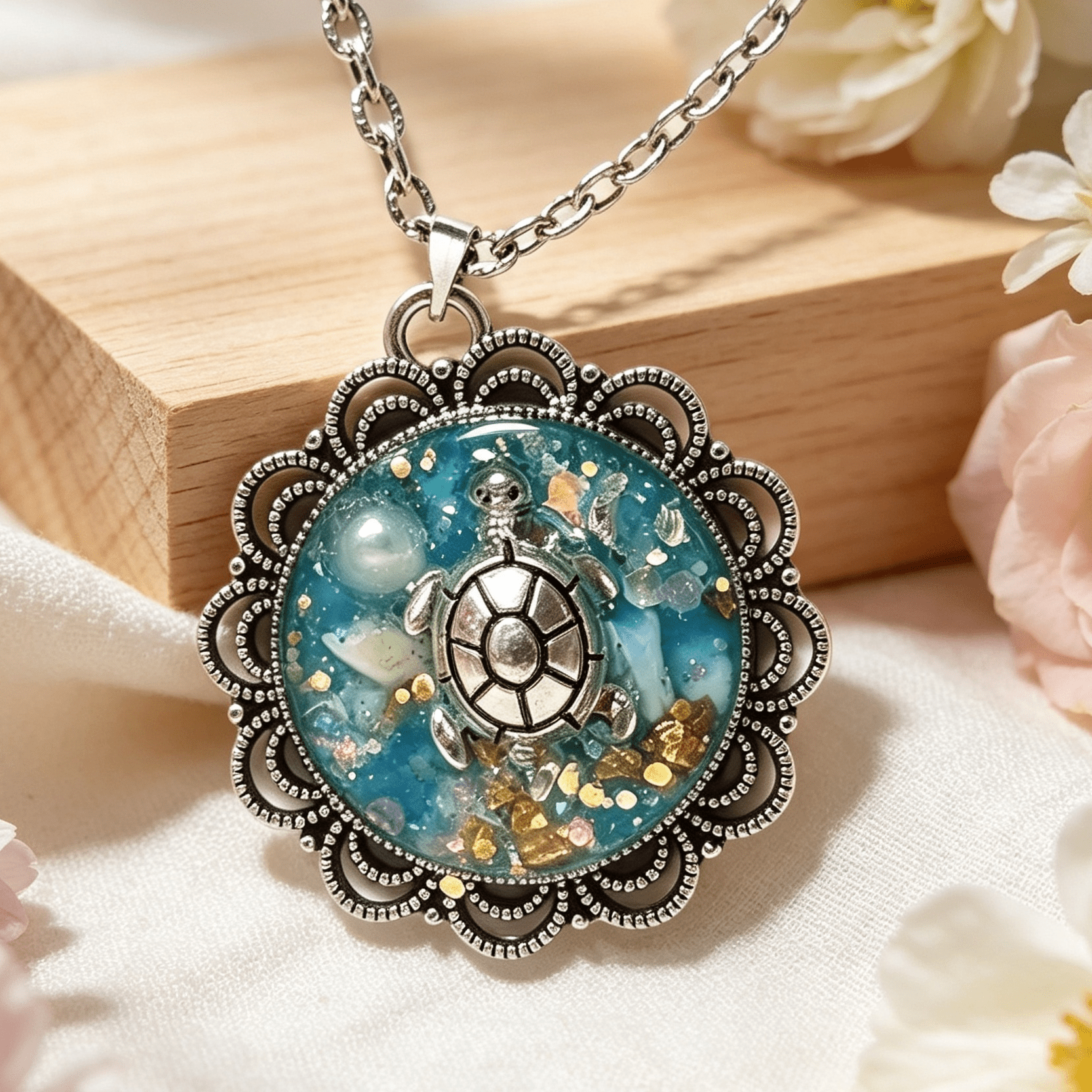 Silver Resin Pendant – Turtle