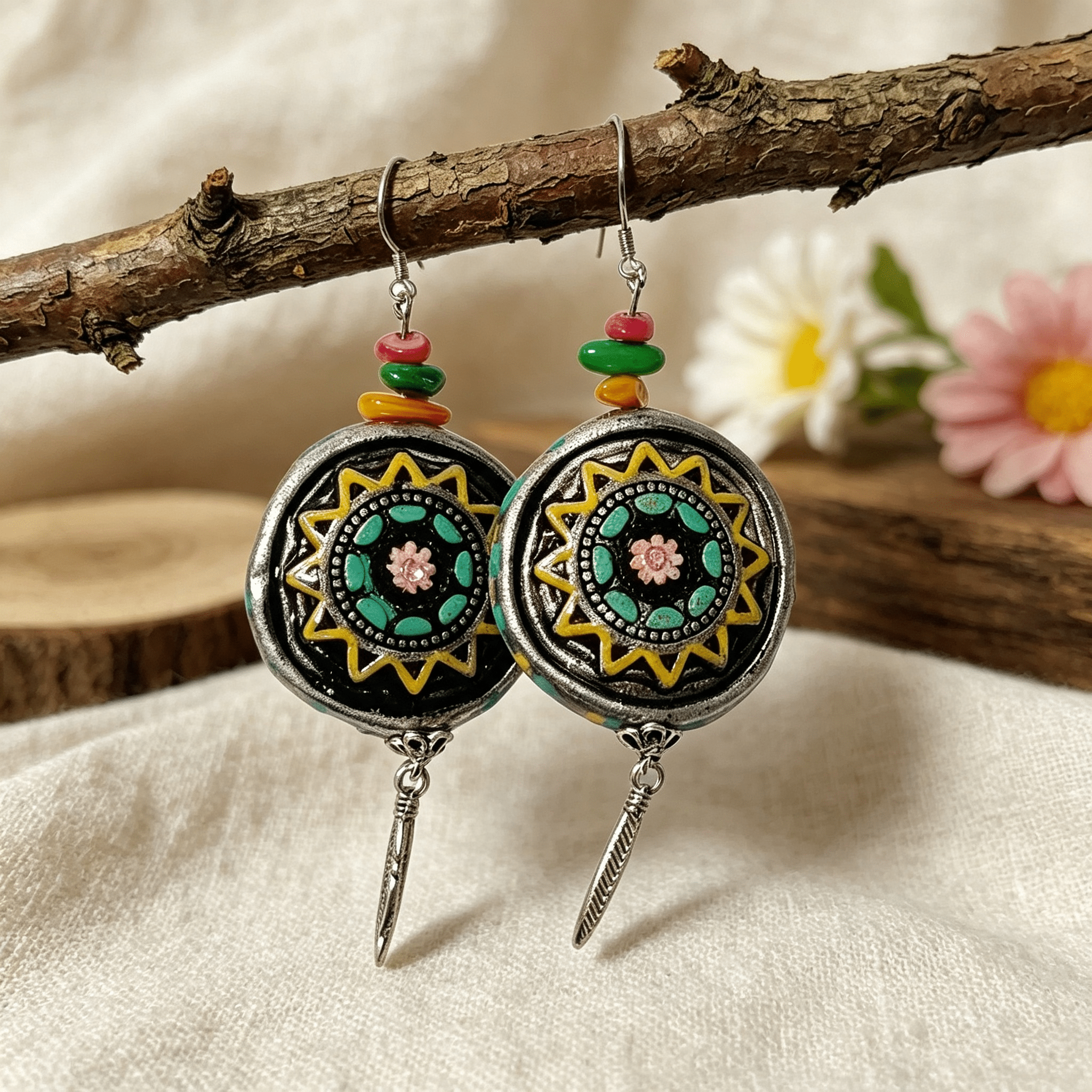 Sunburst Medallion Earrings – Hand painted